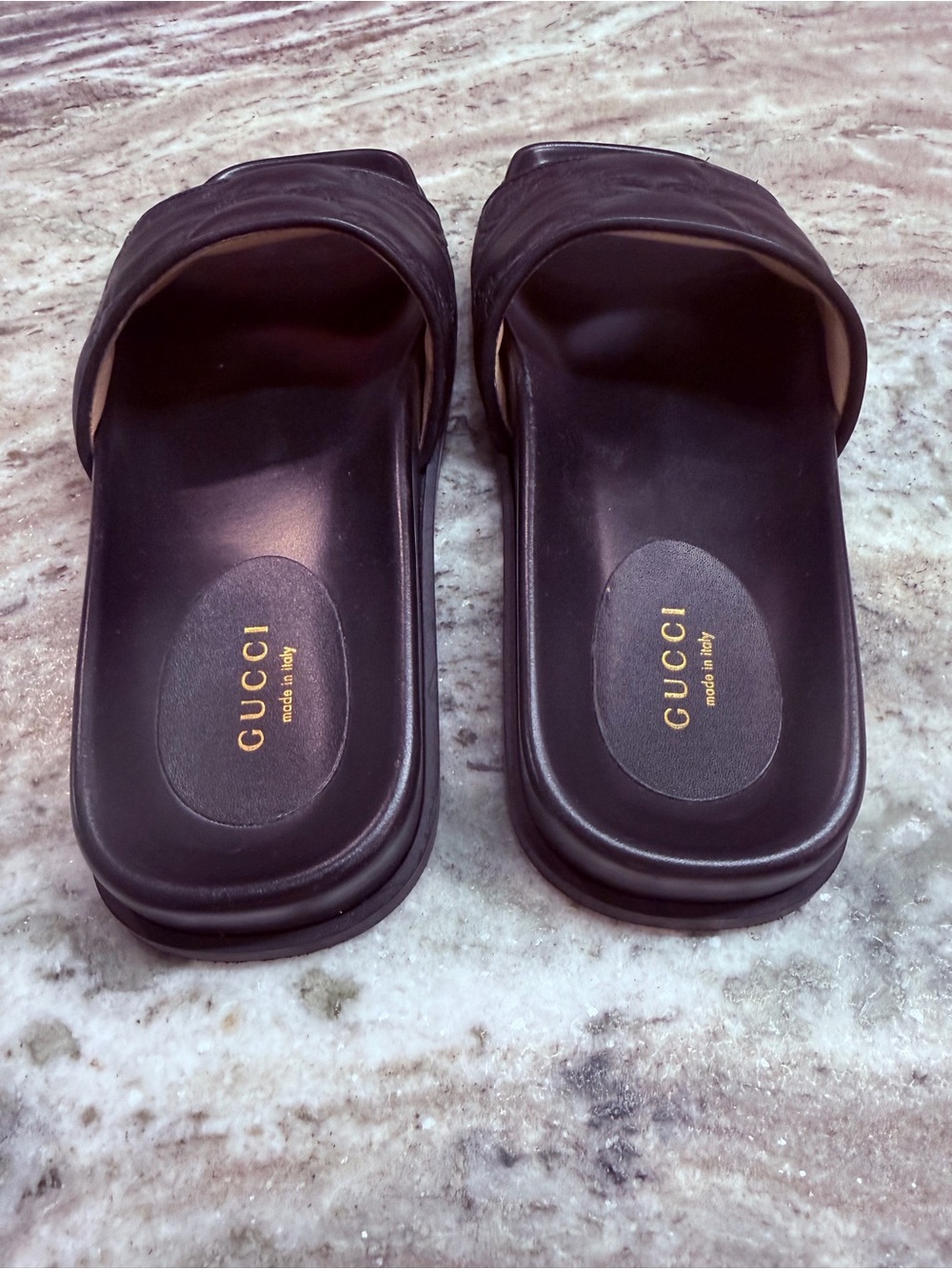 Gucci Black Embossed GG Leather Slide Sandals - Picture 2 of 3